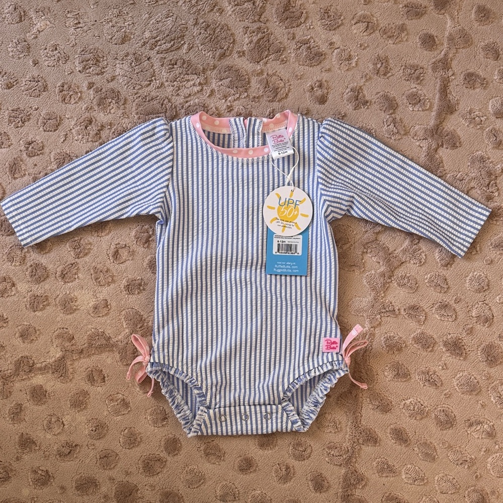 Ruffle Butts Seersucker Long Sleeve Rash Guard One Piece